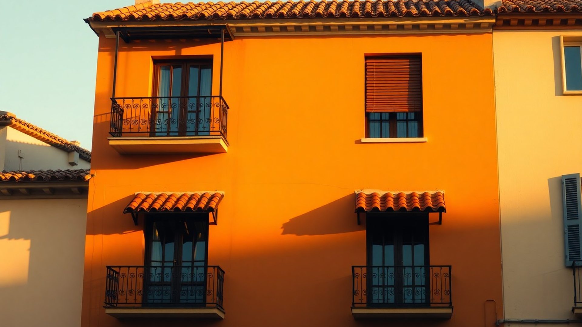 Sunlit Murcian townhouse facade in amber-gold afternoon light