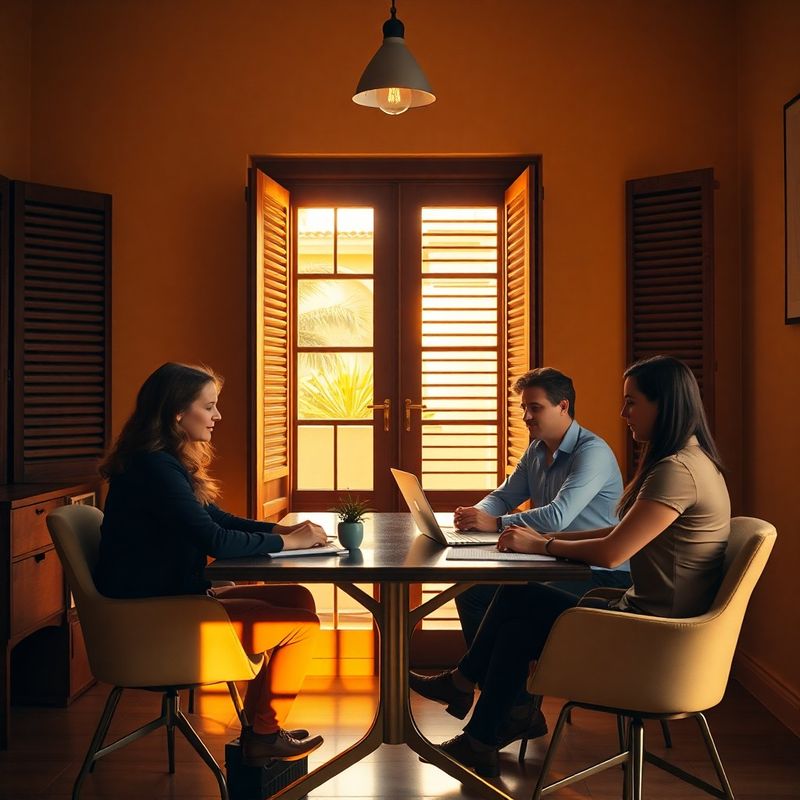 Studio & Sons team in a light-filled Murcia office in amber-gold afternoon light
