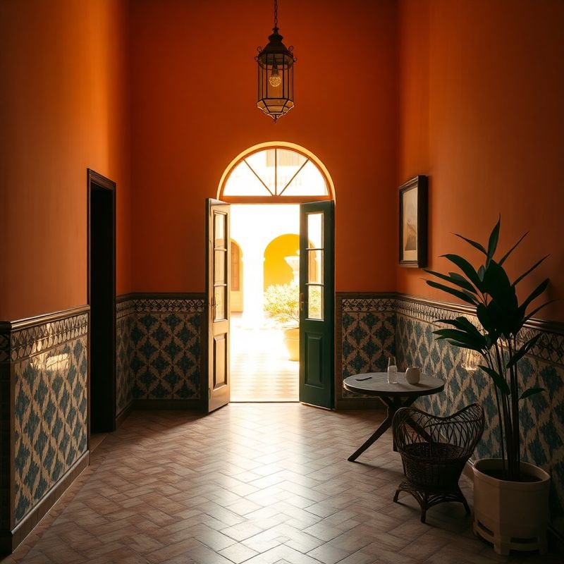 Bright Murcian townhouse courtyard with azulejo tiles in amber-gold light